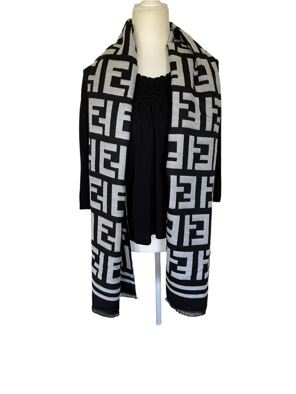 Silky Cashmere Blend Pashmina Reversible Black and Ivory Geometric Print Shawl